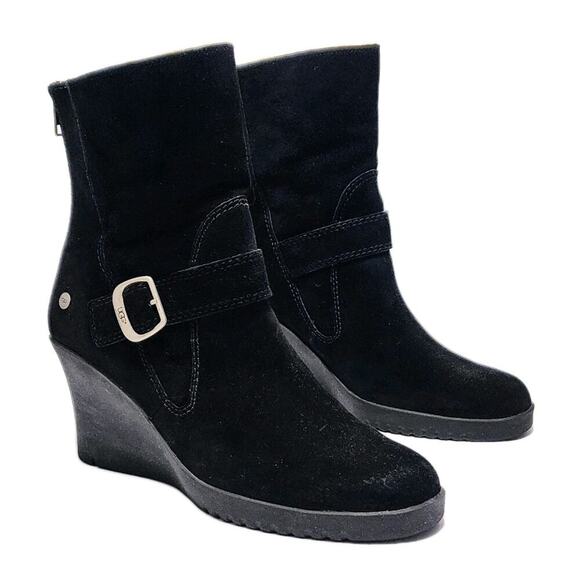 UGG Gissella Womens 10 Black Suede Shearling Lined Wedge Mid Calf Ankle Boots - Picture 3 of 9